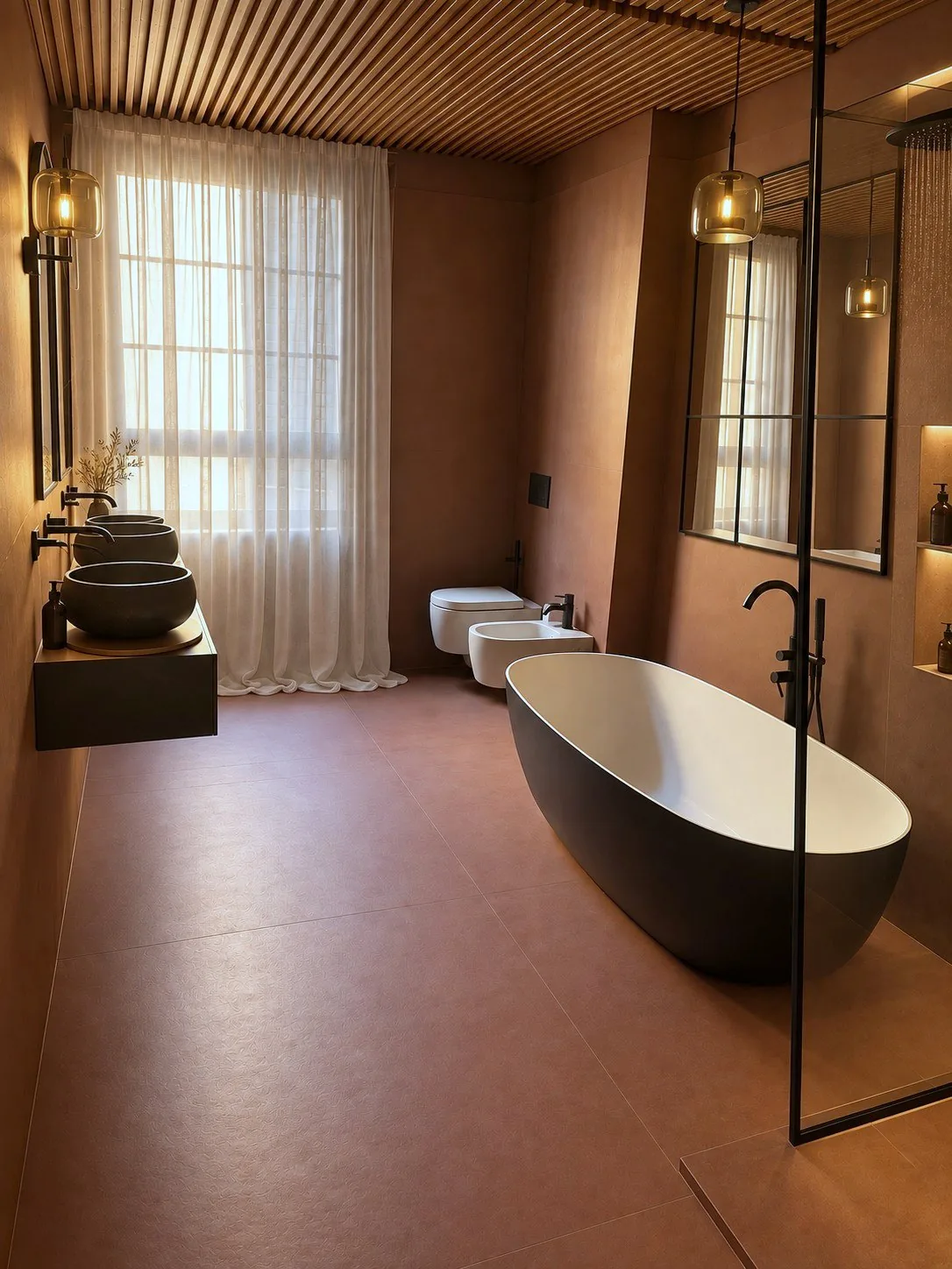 Bagno con vasca libera e pareti color cotto, via Rosa